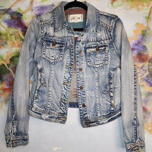 White Crow Distressed Vintage Denim Jacket With Southwestern Pattern Back Size S